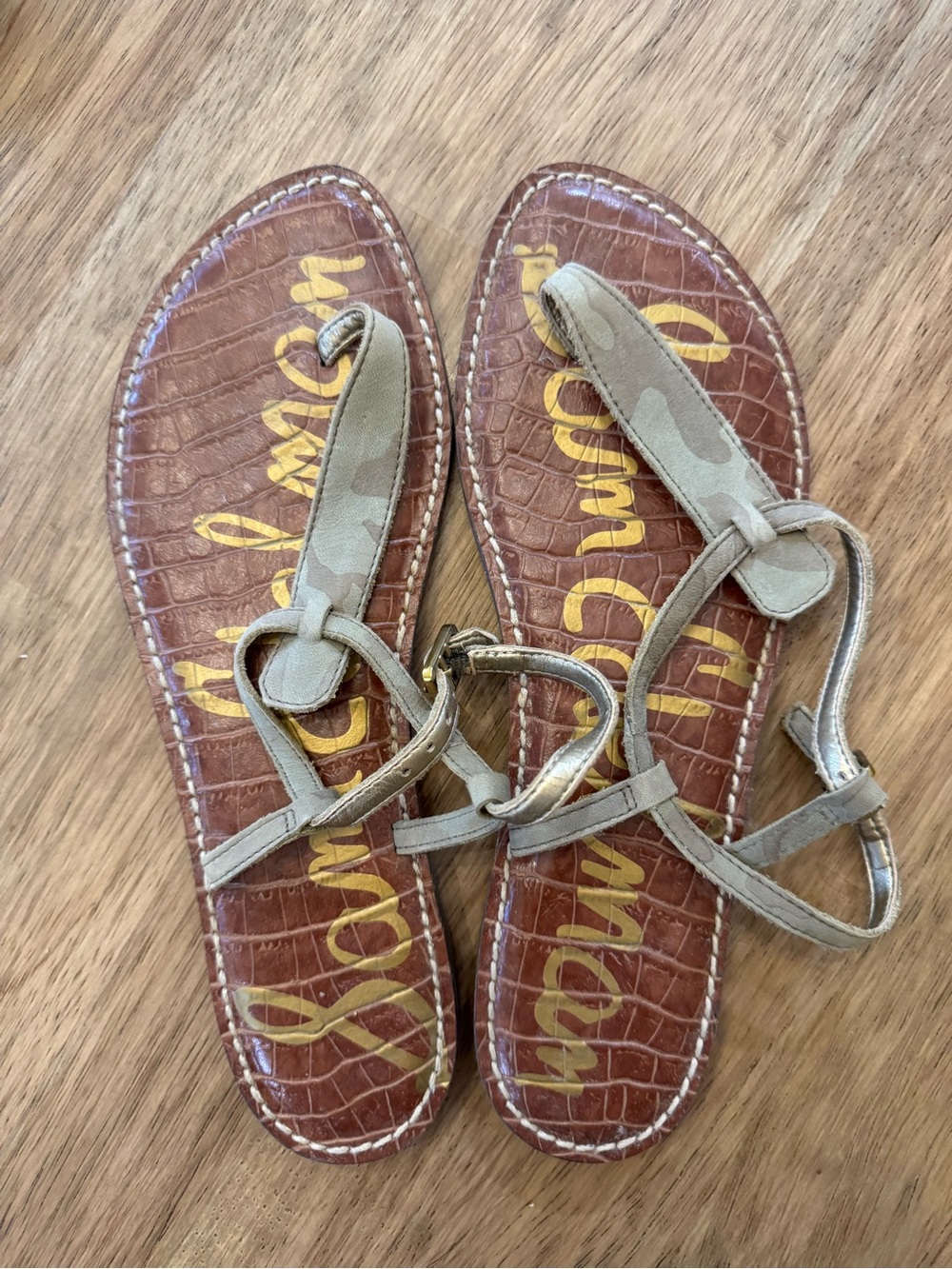 Sam Edelman Taupe Suede T-Strap Sandals with Brown Faux-Croc Footbed
